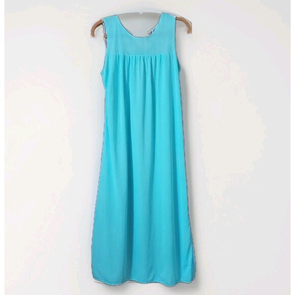 70s Embroidered Lace Long Silky Nylon Nightgown S Full Length Nighty Translucent - Picture 4 of 4